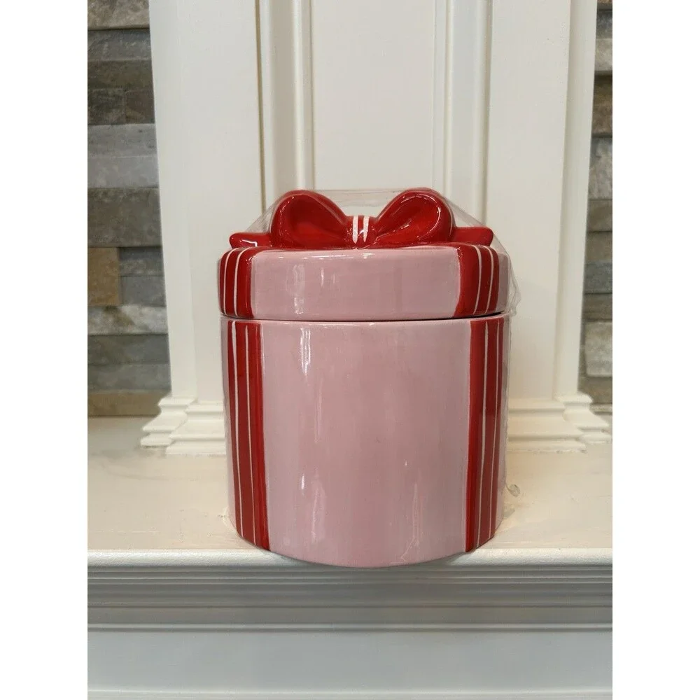 Ashland Berry Jolly Christmas Ceramic Canister With Lid Pink Red Striped 6x6”